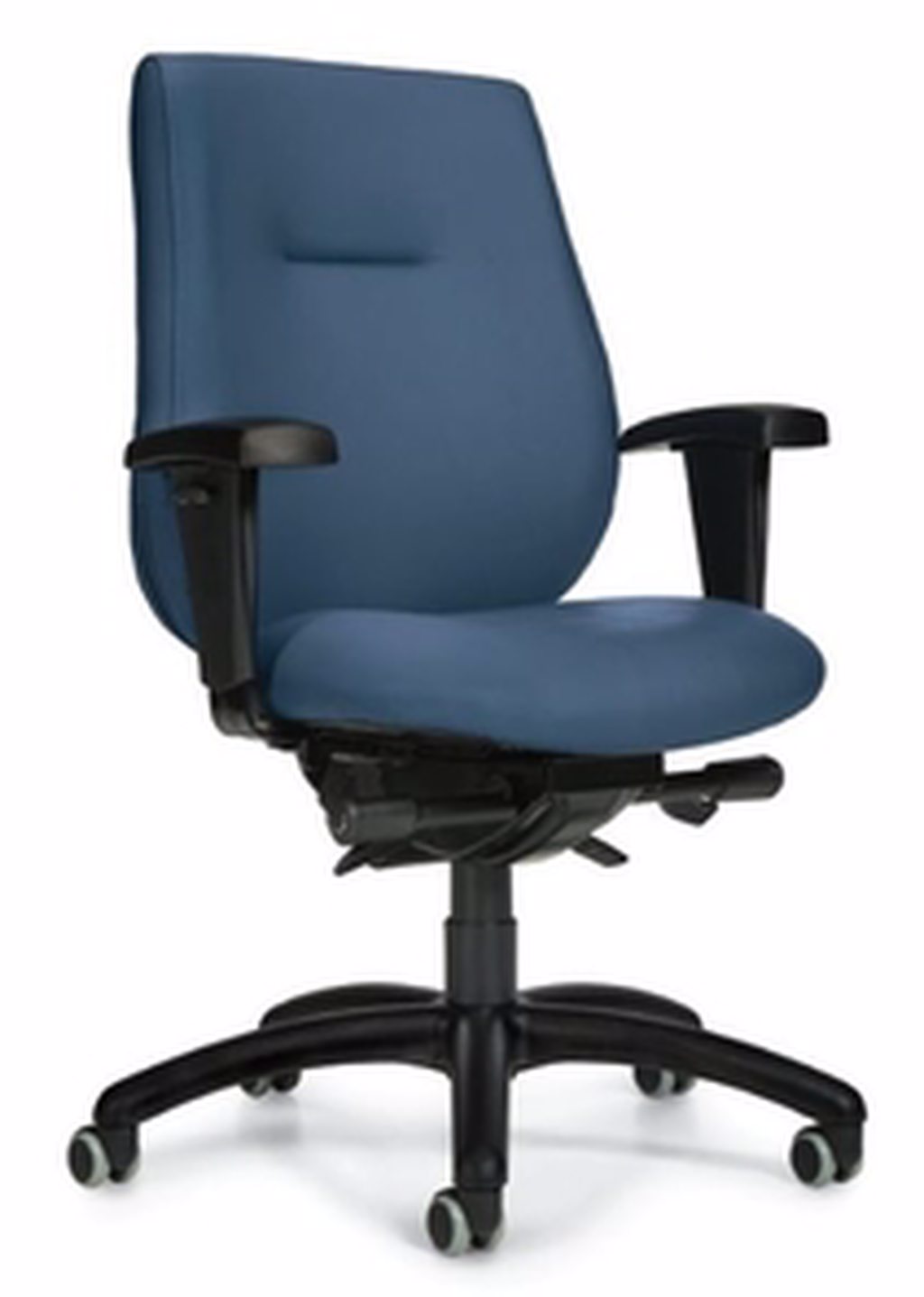 This piece office furniture features a pull over upholstery cover along with a sealed and finished seat pan for easy housekeeping and infection prevention.