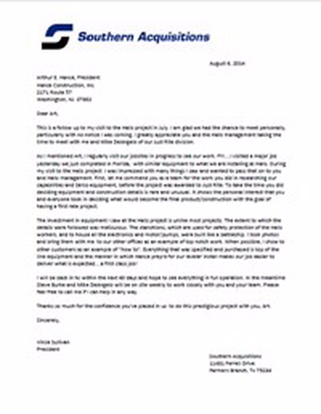 Hance Construction Testimonial Letter