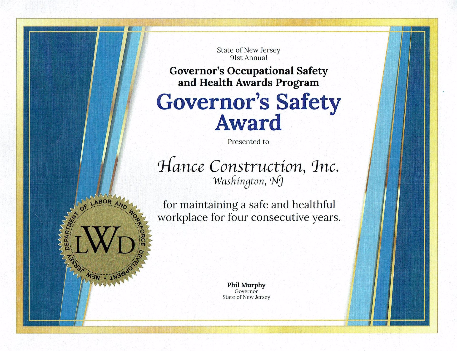 Hance Receives Governor's Safety Award for 2018 Hance Construction, Inc.